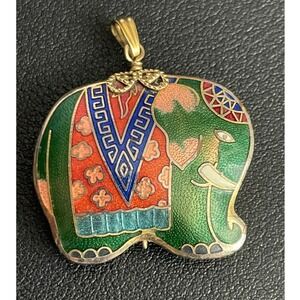 Vintage Cloisonne Elephant Pendant Enamel Green Red Blue Gold Tone Animal Charm